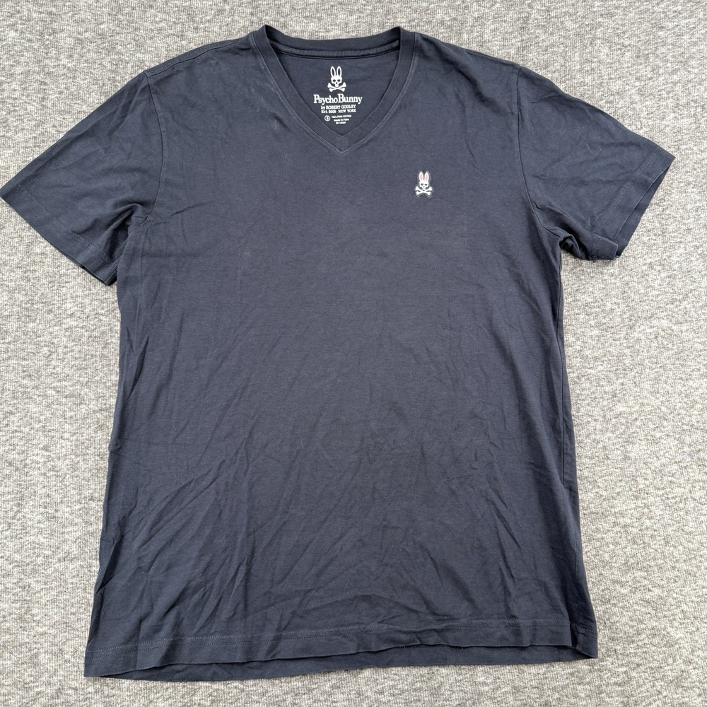 Psycho Bunny Mens Size 5 Large V Neck T Shirt Navy Blue Pima Cotton Skull Logo